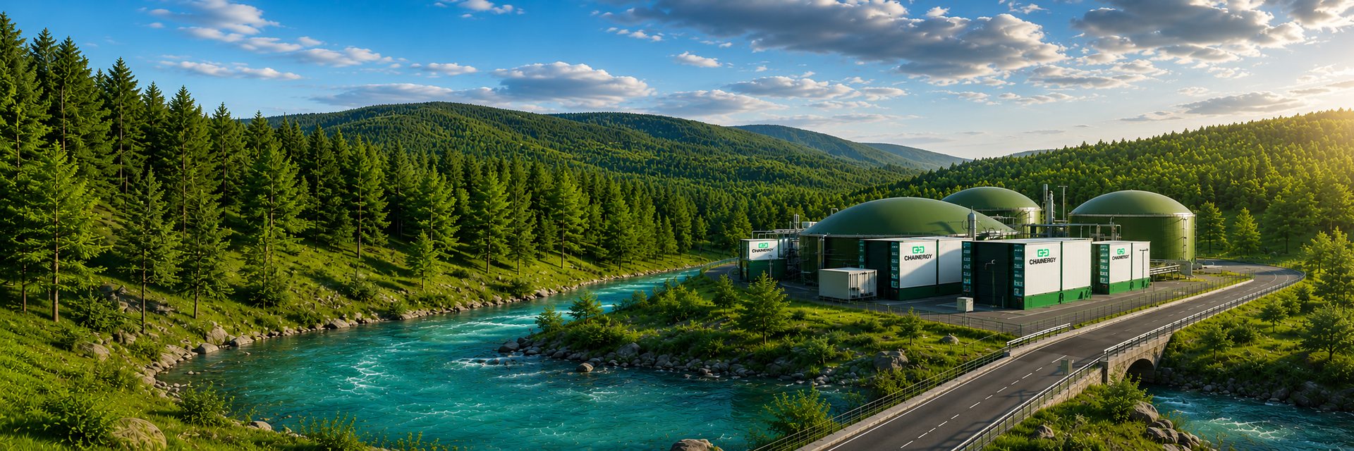 Chainergy renewable energy facility beside a river in forested hills